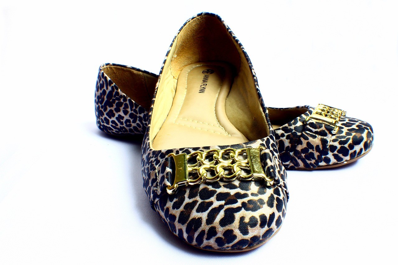 A pair of shoes with an animal print